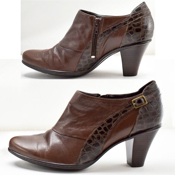 Clarks Bendables Brown Leather Booties Embossed Croc Side Zip - Women's Size 9.5 - Picture 2 of 7